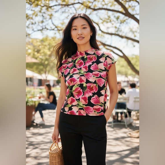 Halston Heritage Tops - Halston Heritage Pink and Black Floral Blouse